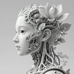 complex 3d render ultra detailed of a beautiful porcelain profile woman face, black eyes, vegetal dragon cyborg, 150 mm, beautiful natural soft light, rim light, silver vanilla details, neural network, synapsis, magnolia big leaves and stems, roots, fine foliage lace, maze like, mesh wire, hyperrealistic, ultra detailed, mandelbrot fractal, anatomical, white metal neocubism armor, facial muscles, cable wires, microchip, elegant, octane render, black and white, H.R. Giger style