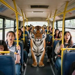 photo of a tiger inside a bus, scared human passengers, wide angle, highly - detailed reaslistic