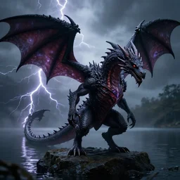 dragon ghost, lightning, lake background, gerald brom, hyper detailed, 8 k, fantasy, dark, grim