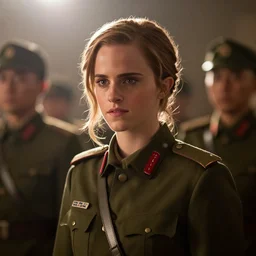 photo portrait of emma watson in korean people's army movie still, cinematic lighting, dramatic, octane render, long lens, shallow depth of field, bokeh, anamorphic lens flare, 8 k, hyper detailed, 3 5 mm film grain