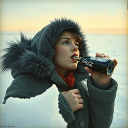 a woman in a parka drinking a bottle of coka - cola in an icy polar environment, advertisement, 1 9 6 0's, by henri toulouse lautrec