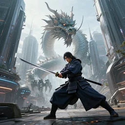 wide angle photo of a samurai with a katana ready to fight a giant dragon in the middle of futuristic city, sharp focus, detailed, realistic, 8 k n - 4