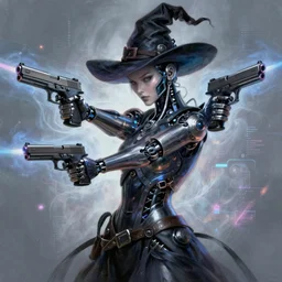 A cybernetic witch wielding two Glock pistols, bust shot, smooth, intricate, elegant, power aura, digital painting, artstation, concept art, high tech fantasy, sharp focus, illustration, art by Josan Gonzalez