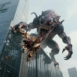 A giant Kraken-like multi-eyed monster jumped up with its jaws on a high-rise office building and is eating it, extremely high detail, ultra realistic, photorealism, 8k