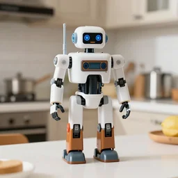 A photorealistic picture of a plastic robot in a kitchen.