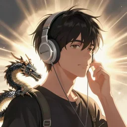 Man listening to music with a dragon on his shoulder, Hirohiko Araki style