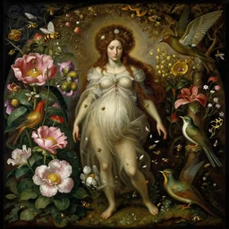 A beautiful detailed existential horror portrait painting 'The Godes of nature' by Giuseppe Arcimboldo, flowers bees and birds everywhere, full body shot, Trending on cgsociety artstation, 8k, masterpiece, in the style of DiscoDiffusion.