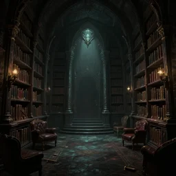 dark sinister vampire lair interior by John Berkey, library, adventure game, inspired by Diablo concept art