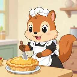 cartoon squirrel wearing maid outfit cooking a pie