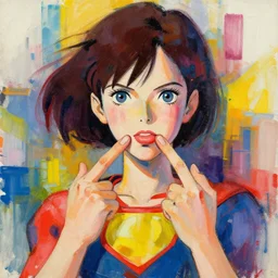 abstract portrait of female superhero with sausage!!!! fingers miyazaki, colorful palette illustration, kenneth blom, mental alchemy, james jean, pablo amaringo, naudline pierre, contemporary art, hyper detailed