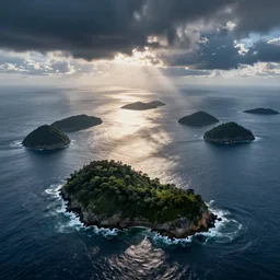 Photo of islands surrounded by ocean. Realistic.