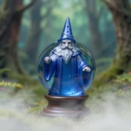 a 3 5 mm photo of wizard with blue glass fresnel ball in the forest, foggy bottom