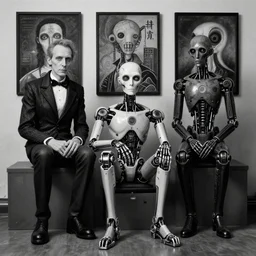 3 d portrait of a biomechanical cyborg sitting beside computer wall, by tony diterlizzi, tim burton, hr giger, ilford hp 5, 5 5 mm, machinecore by artgerm, 3 d render, gothcore, beeple, joseph leyendecker, carlo carra