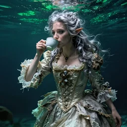 A 18th century, messy, silver haired, (((mad))) elf princess, dressed in a ((ragged)), wedding dress, is ((drinking a cup of tea)). Everything is underwater and floating. Greenish blue tones, theatrical, (((underwater lights))), high contrasts,  fantasyconcept art, inspired by John Singer Sargent's Ellen Terry as Lady Macbeth