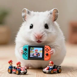 white hamster holding with its little pawns a liftle nintendo switch playing mario kart