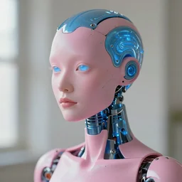 natural light, soft focus portrait of an android with soft synthetic pink skin, blue bioluminescent plastics, smooth shiny metal, elaborate ornate head piece, piercings, skin textures, by annie liebovotz, paul lehr