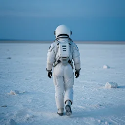 a photograph of an explorer wearing a white futuristic suit with helmet from behind, walking in a vast and empty landscape of white soil and rocks. blue hour. nolan style. cinematic shot. detailed. hq. in - frame. imax. anamorphic film. anamorphic bokeh. helios 4 4 m.