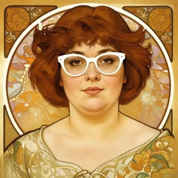 portrait of a curvy stocky romanian woman, brown hair, messy bob, straight hair, brown eyes, round nose, low eyes, romanian, laugh lines, full upper lip and thin lower lip, round face, round jaw, round nose, white glasses, glasses, big forehead, white reading glasses, librarian, wide shot, digital art, alphonse mucha, loish, art nouveau, 8 k, trending on artstation