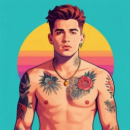 a portrait of tattooed the beautiful man, in retro colors, synthwave style, 2 d digital vector art