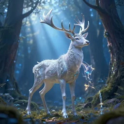 beautiful hyper realistic stag. elven, celestial highly detailed magic athmospher. beautiful highly detailed forest background. blue light. sunlight rays throught the trees. intricate, elegant, long shot 8 k rendering.