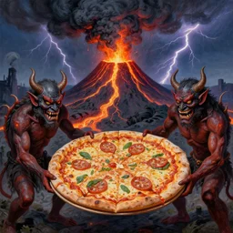 masked demons grabbing a large pizza!!!, in the background is a volcano spewing lava and black smoke, streams of glowing hot lava, flashes of lightning in the distance. wide angle, long shot, an ultrafine detailed painting by joan miro, deviantart, pop surrealism