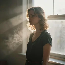 sunlight study photography of emily skinner, looking like annie leonhart, standing next to a window illuminating her with god rays, volumetric fog, smoke, depth of field