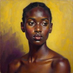 detailed portrait in femininity, ethnic, realistic face sculpted features, statuesque model, modern fashion, warm glow, supple, bathed in light, chiaroscuro, specular highlights, angular impressionism, radiosity, plum and yellow color scheme, deep rich tones, contemporary art, oil on canvas
