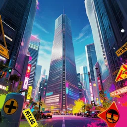 epic scene of neo tokyo, digital art, concept design, colourful spray paint splatters, health and safety decals, cinematic