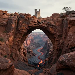 Rocky arch connect two sides from left to right over the canyon with lava leak, in the distance ancient castle with destroyed tower, highly detailed, matte painting, wide lens, ultra realistic, 4k, 8k resolution, trending on artstation, octane render, unreal engine.