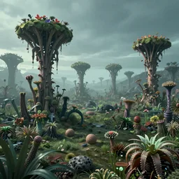 alien landscape where strange plants have begun to grow