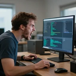an angry man yells at his computer monitor, unreal 4, render