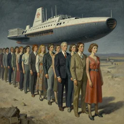 waiting in line for the mothership, massurrealism, matte drawing, american realism, dystopian art