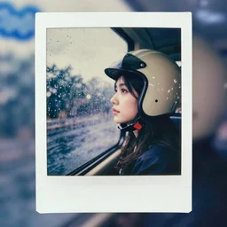 weathered old analog polaroid portrait photograph of a beautiful young woman wearing a vintage motor helmet looking out of a rainy window, raining, clouds outside, depth of field, bokeh, filmgrain, azure color bleed