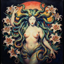 a beautiful painting lovely 3 d medusa, surrounding lilies by ukiyo - e award - winning art, andy warhol color, dramatic light, octane render