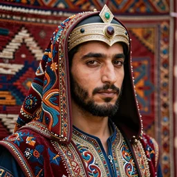 close up portrait of a contemporary carpeted figure of a Iranian warrior, anatomically correct, colourful, lots of detail, depth of field, intricate, delicate, by Jonas Jensen, Magnum photos