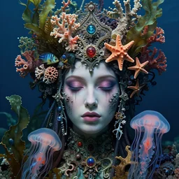 hyperrealistic detailed underwater face portrait of the beautiful god of the jellyfish with an intricate headgear of corals, sea kelp, sea plants, fish, starfish, jellyfish, art by ernst haeckel, james jean, john william godward, gothic, neo - gothic, ornamental, beautiful deep colours,