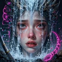 cry turning into waterfalls,eyes wide open, fame of thrones, lord of daggers, neon, fibonacci, sweat drops, insane, intricate, highly detailed, digital painting, artstation, concept art, smooth, sharp focus, illustration, Unreal Engine 5, 8K, art by artgerm and greg rutkowski and alphonse mucha