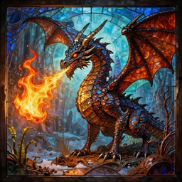 stained glass dragon breathing flame, retrofuturistic, concept art, science fantasy, post - apocalyptic, mutant, rpg, epic, rust, salt, plants, dungeons & dragons, toxic, sharp focus, award - winning, extremely detailed, 4 k, 8 k