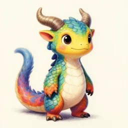 a cute kobold with vibrant two - tone smooth scales wearing simple colorful clothes. she has thick tail, cute horns and smile with white belly scales and lizard anthro features. a digital photoshop colored - pencil fantasy drawing by james gurney, terese nielsen, and wayne guay kinkade, trending on artstation.