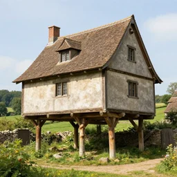 a medieval European cottage standing on chicken leg stilts