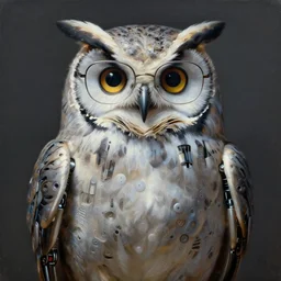 perfectly centered portrait, front view of a biomechanical robot owl wearing glasses, moonbird, symmetrical, concept art, intricate detail, volumetric shadows and lighting, realistic oil painting by tim hildebrandt,
