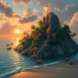 a little fisher ( ( fantasy ) ) village on a ( ( tropical ) ) island, on the beach, scenic view, sunset, matte painting by marc simonetti and rhads and donato giancola, trending on artstation