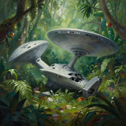 a beautiful painting of a crashed starship enterprise in a lush jungle, ray traced lighting by kalin popov and greg rutkowski