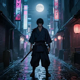 a cyberpunk samurai in a raining cobblestone alleyway in tokyo, neon lights, full moon, fog cinematic anime art by one