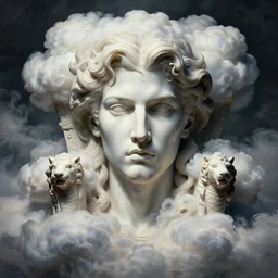 portrait of demigod throne clouds, face made out of clouds, dramatic, intricate, elegant, detailed, digital painting, artstation, concept art, smooth, sharp focus, illustration, cinematic, gustave dore, octane render