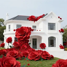 a atmospheric white villa, lot of giant roses of red colors, beautiful starry sky, the stars shining, light and shadow, by makoto shinkai, 8 k