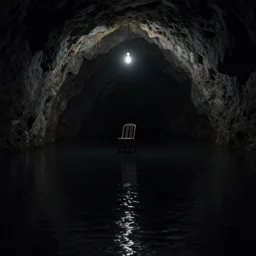 a matte painting of a dark cave lake, a chair under a lightbulb in dark space, artstation, surreal, black water, by rembrandt, chiaroscuro