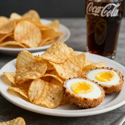 A long shot of a plate of chips and scotch eggs, with a glass of Coca Cola, detailed, accurate, deep depth of field, award winning food photography