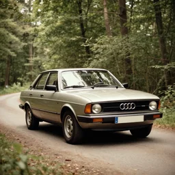 stained old picture of an audi 80 b4 driving in the forest at daytime, photography