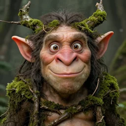a friendly goblin elf troll with a big ( ( human ) ) nose and wide eyes, dark hairs, big ears, covered in branches and moss, portrait by daniel docciu and dave dorman and jeff easley